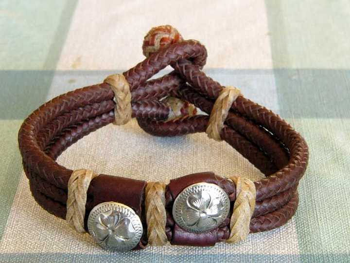 P1130101-1.jpg - Custom  made bracelet  whiskey Kangaroo hide with silver buttons and kangaroo rawhide braided knots.